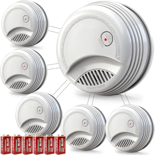 CRAZYTHUR Smoke Detectors, 6 Pack Photoelectric Interconnected Smoke Detector, Battery Powered Wireless Interlinked Smoke Detectors&Fire Alarms(up to 200), LED Warning Light 85 dB Alarm Sound