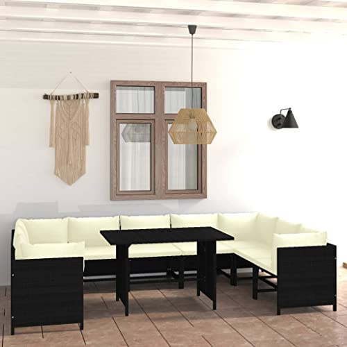 RMIHSJG 10-TLG. Garten-Lounge-Set mit Kissen aus Poly Rattan in Schwarz, Robustes Outdoor-Möbel mit Esstisch und abnehmbaren Bezügen, pflegeleichtes PE-Rattan für Terrasse
