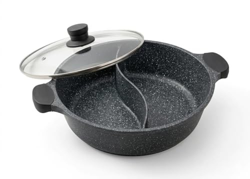 Kimbatex Cacerola Dividida Hot Pot 28 cm, Aluminio Fundido Antiadherente, con Tapa de Cristal, Apta para Inducción y Todo Tipo de Fuegos