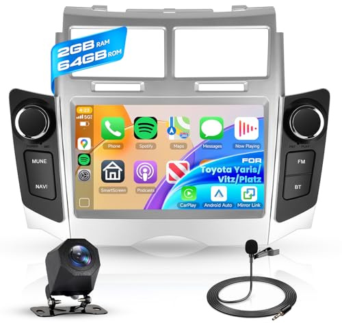 Hodozzy 2GB 64GB Android Autoradio per Toyota Yaris/Vitz/Platz 2005-2011 Radio Wireless Carplay Android Auto, 7 pollici Touch Screen Navigazione GPS WiFi Bluetooth FM RDS Retrocamera 2 Din Radio