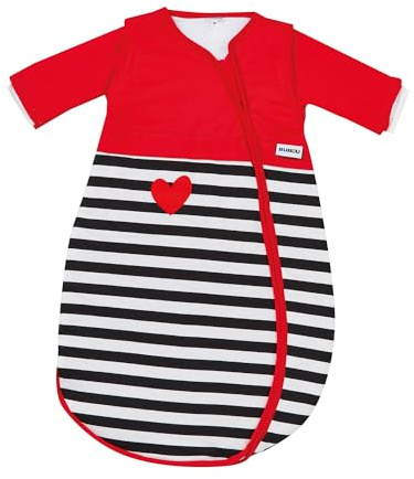 Gesslein Baby Schlafsack Bubou, Schlafsack mit Temperaturregulierung (langer Reißverschluss, 90), schwarz-weiß Streifen rot mit Herz Motiv