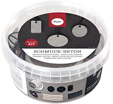 Rayher 34210000 Starter Kit cemento calcestruzzo per gioielli con tre stampi 1.33 x 1.33 x 0.64 cm colore grigio cordino nero semplice utilizzo per creazioni moderne ed uniche ciondoli collane