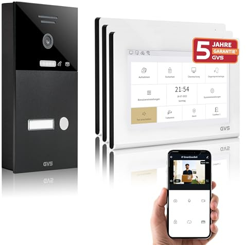GVS IP Video Türsprechanlage mit Türöffner, 3X 7 Zoll Monitore & App | Smarte Video Türklingel mit Kamera und Monitor & App - Gegensprechanlage für 1 Familienhaus (AVS1316A)