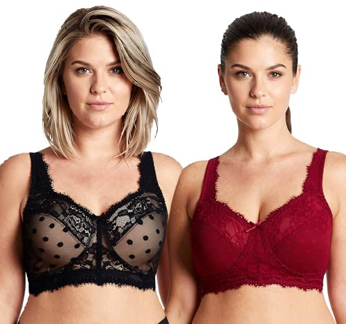 Curve Muse Femmes Grande Taille Minimiseur Dentelle Couvrance Totale Non-doublé Soutien-Gorge sans Fil-Paquet de 2-Rouge,Noir-110E/EU 95E