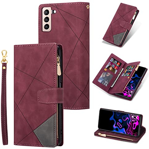 UEEBAI Étui Portefeuille pour Samsung Galaxy S21 5G, Cuir synthétique Vintage de qualité supérieure avec emplacements pour Cartes, Fermeture aimantée, Poche zippée, Sac à Main béquille avec dragonne,