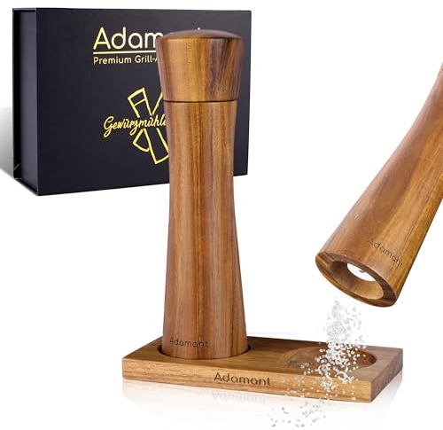 Adamant Salz und Pfeffermühle Set [21cm] aus Akazien-Kernholz inkl. Untersetzer - Gewürzmühle für Himalaya Salz & frischen Pfeffer - Hochzeitsgeschenk Salzmühle - MIT Keramikmahlwerk