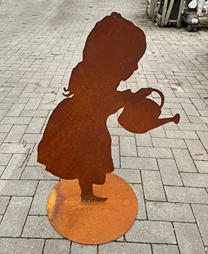 Gartenfigur Kleine Gärtnerin Mädchen Luise mit Gießkanne 80x54cm auf Platte Edelrost Gartendeko Wetterfest Rost Metall Rostfigur von Steinfigurenwelt