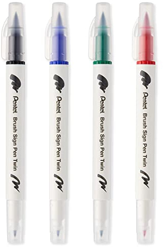 Pentel SESW30C Brush Sign Pen Twin Fibre Tip Pen - Double Ended - Tinte auf Wasserbasis - Essential Pack of 4 - Schwarz, Blau, Grün & Rot Tinte