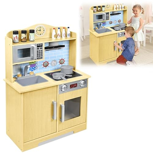 YUENFONG Kinderküche Spielküche Spielzeugküche Holzküche inkl. Kochgeschirr Zubehör, Küchenset aus Holz, für Kinder Geschenk, Geburtstag, Spielzeug, Typ B