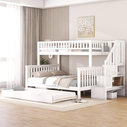 Dolamaní Hochbett 90(140) x 200cm mit Treppe und Ausziehbett, Etagenbett mit Rollbett und Stauraum für Kinder, Kinderbett Treppen mit Regalen, mit Fallschutz aus Holz, weiß (Rollbett + Treppe)