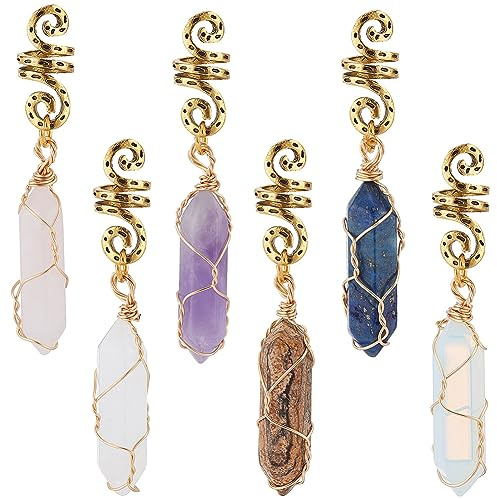 CRASPIRE 6Pcs 6 Colors Dreadlock Jewelry Pendant Crystal Gemstone Dreadlock Accessories Hair Rings Hair Beads for Braids Cuffs Hair Clips Jewelry Decoration Braiding for Woman Hair Styling