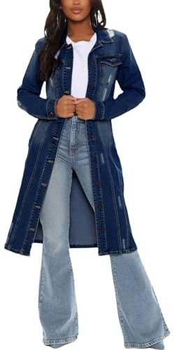 LUIFEL Trench da donna in denim aderente, con bottoni, lungo, giacca di jeans slim, Blu scuro, XL