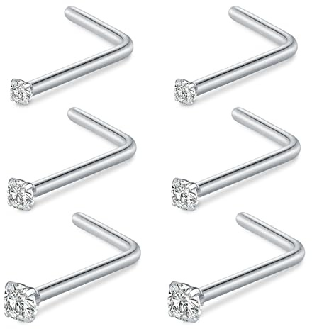 FECTAS 18G 20G Piercing Näsa Ring Rostfritt Stål Kvinnor Män Nose Stud Ring L Form Piercing Näsa 1,5 mm 2 mm 2,5 mm Diamond CZ Nostril Piercing Silver Guld, 1.5mm, 2mm, 2.5mm, Rostfritt stål