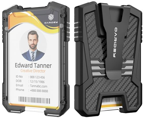 Oaridey Carbon Fiber Badge Holder/ID Card Holder/Portable Travel Wallet with Manganese Steel Clip, Heavy Duty Vertical Clear ID Holder for Work ID, Credit Cards