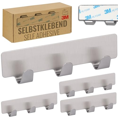RICOO 4 x Hakenleiste Küche mit 3 Edelstahl Haken selbstklebend MH020-4 Handtuchhaken ohne Bohren Klebehaken Badezimmer Kleiderhaken zum Kleben Badhaken Badezimmerhaken Wandhaken Bad Aufhängehaken