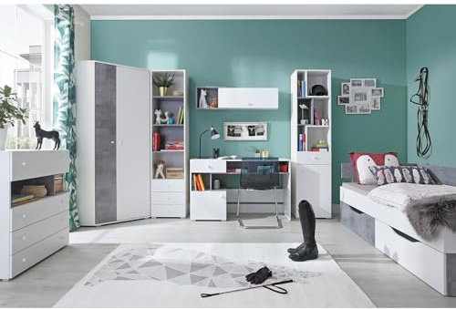 Lomadox Jugendzimmer Set 7-teilig mit Kommode, Eckkleiderschrank, 2 Regalschränke, Wandregal, Schreibtisch, Jugendbett in Beton und weiß modern