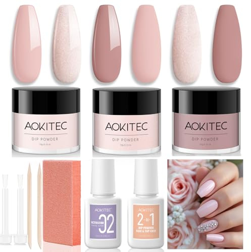 Aokitec 10 PCS Dip Powder Nail Kit - 3 Colours Light Nude Pink Nail Dipping Powder Kit Starter Kit with Dip 2-in-1 Dip Base & Top Coat Activator Nail Tools Dip Nail Starter Set for French Nails Art