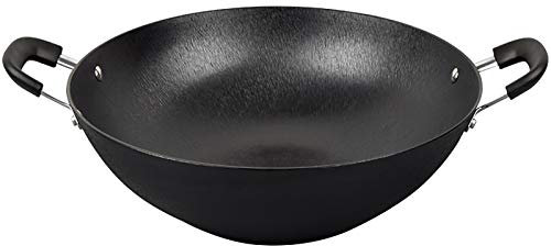 CHFYIJYHM Wok Lourd 16, Wok en Fonte Peu Profond et concave, Noir, poignées Larges, Polyvalent(36 * 10.3cm)