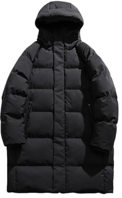 Doudoune longue pour homme – Veste matelassée avec capuche – Veste chaude matelassée avec poches zippées – Manteau chaud matelassé à capuche épais avec fermeture éclair – Veste coupe-vent d'extérieur
