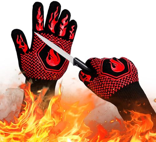 BBQ Fireproof Gloves, Grill Cut-Resistant 1472°F Heat Resistant G Non-Slip Silicone Oven Glove Kitchen Safe Cooking Glove for Oven Mitts,Barbecue,Cooking, Frying,13.5 Inch-Red (red)