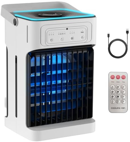Air Conditioning Unit Portable with Remote Control,Dual Motor & Dual Fan,1100ML 9W Mini Air Conditioner 2-8H Timer 6 Led Lights 3 Speeds 3 Mist Mode,USB Air Cooler Fan for Home Bedroom Office