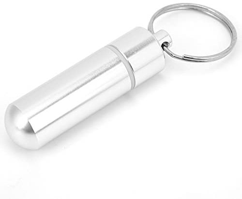 Tomvorks Aluminum Alloy Waterproof Keychain Pill Holder, Small Portable Pill Case 1.9in Long No Capsules Cod Liver Oil Vitamin E, Chewing Gum, Silver, Key Ring Pill Organizer for Outdoors