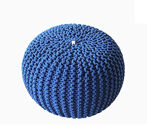 Handgefertigter runder Ottoman-Fußhocker, doppelt gestrickter geflochtener Pouffe-Kissen für Wohnzimmer & Schlafzimmer, 25 cm hoch, stilvolle blaue dekorative Fußstütze