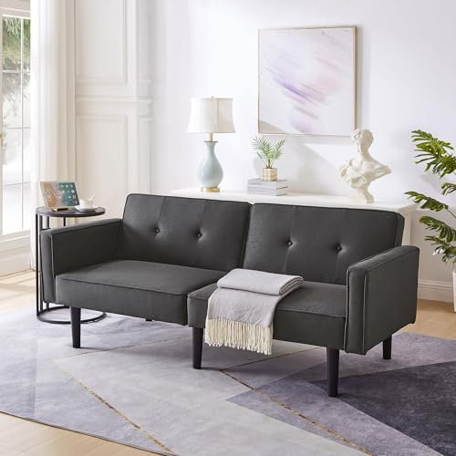 Gegtuon Schlafsofa Sofa mit Schlaffunktion, 2 Sitzer Couch Schlafcouch Rückenlehne Bett mit Armlehnen, Gästebett Modern Klappbares Sofabett Loungesofa für Wohnzimmer Schlafzimmer, Leinen (Schwarz)