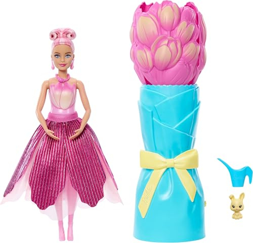 Barbie PÉTALS Pop Tulipe et Accessoires, poupée parfumée avec Robe Tulipe Rose et Accessoires, Bouquet Surprise avec Lapin et d’Autres éléments comme Un arrosoir, Un Collier et des Boucles d’Oreille
