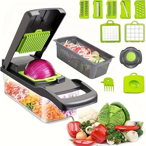 14-in-1 Vegetable Chopper with Container | Multi-Functional Mandoline Vegetable Slicer, Dicer & Food Slicer | BPA-Free Onion Chopper with Stainless Steel Blades & Non-Slip Base