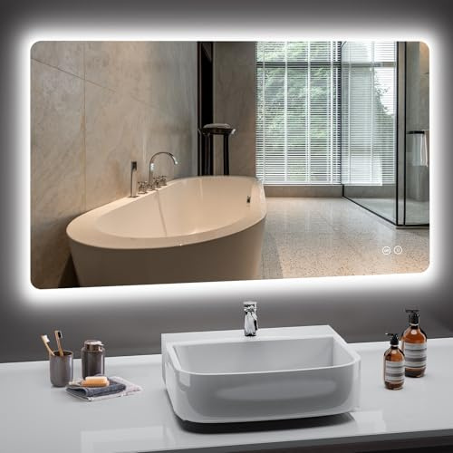 PESENXAN Badezimmerspiegel mit Beleuchtung, Led Spiegel Bad mit 3 Lichtfarben, Dimmbar, Speicherfunktion, Touch-Schalter, IP44 Wasserdicht, LED Badspiegel 100x60cm