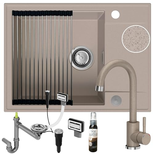 SINK QUALITY Spülbecken beige mit Armatur Set 62x46 - Spüle mit wasserhahn, Siphon PUSH, Abtropfgestell, Imprägniermittel - Küchenspüle Komplettset für 55er Unterschrank