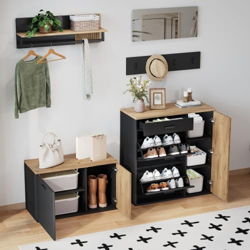 Garderobset 5 delar med sittbänk och spegel, skoskåp, vikdörrar, byrå, garderobspanel med 4 krokar och hylla, hallmöbler, träfärg/svart för hall, entré