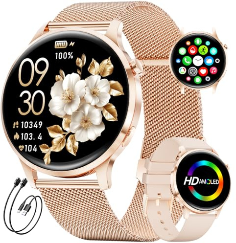 HIRREO Montre Connectée Femme avec Appel Bluetooth, 1.32 AMOLED Smartwatch, 120+Sportif Sommeil, Podomètre, Fréquence Cardiaque/Sommeil/IP68 Étanche Montre Running Compatible pour Android iOS (Doré)
