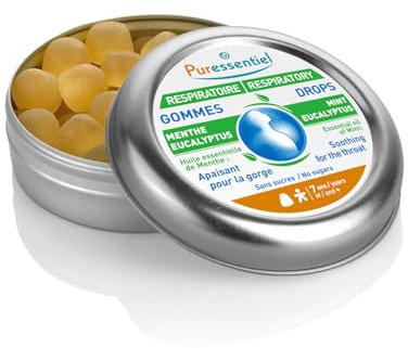 Puressentiel - Respiratoire - Gommes Menthe Eucalyptus à l'Huile Essentielle de Menthe - Apaisant pour la gorge - Sans sucre - 45 g