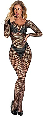 Livia Corsetti ABRA Bodystocking sexy Netz Catsuit feine Spitze Overall langarm offen im Schritt, S/L schwarz