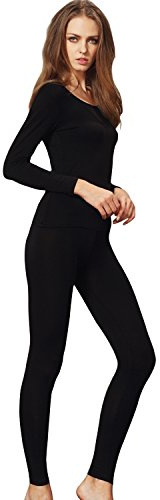 Liang Rou Women's Scoop Neck Top & Bottom Ultra Thin Thermal Underwear Set Black Medium