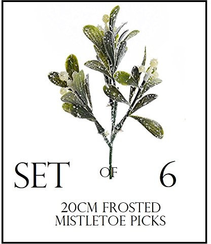 6 x Artificial Frosted Mistletoe Sprigs Bunches Stems with Berries 20cm long. Christmas mistletoe pick ideal for wreaths & garlands, Christmas tree, home or office decor.