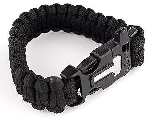 DP Design® - Pulsera Paracord 3 en1, estilo militar, con piedra para encender el fuego, silbato de supervivencia, color negro