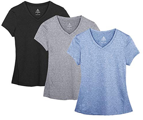 icyzone Dam sport fitness t-shirt kortärmad v-ringad löpartröja kortärmad yoga topp 3-pack, Svart/granite/blå/, XXL