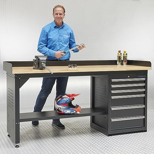 Werkbank PRO, Schwarz mit Eichen Arbeitsplatte - 6 Schubladen - 200 cm