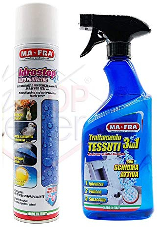 Hitopseller® KIT PULIZIA AUTO schiuma pulisce igienizza TESSUTI IDROSTOP spray impermeabilizzante ANTIPIOGGIA capote tettino barca