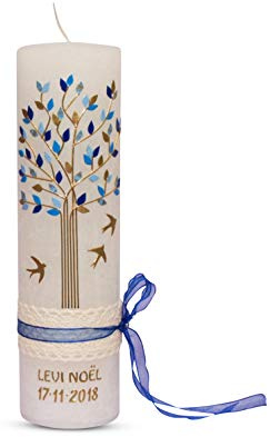 Taufkerze Kommunionkerze Lebensbaum Vintage und Schwalben mit Wachsverzierung Blau 25x7 cm für Jungen in Blau Gold auf Rustik Kerze in Weiß personalisiert mit Name und Datum