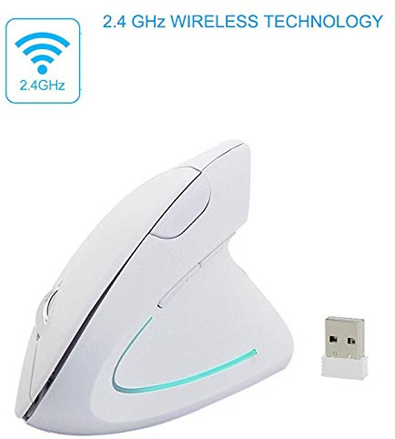 Tech Stor3 Mouse verticale wireless ottico senza fili | 6 tasti | design ergonomico – previene il tunnel carpale (sindrome RSI) - colore bianco con retroilluminazione