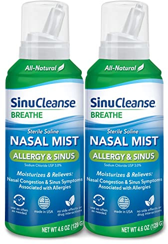 SinuCleanse Allergy & Sinus Sterile Saline Nasal Spray, Ultra Fine Mist, Instantly Moisturizes & Relieves Severe Nasal Congestion Due to Allergies, 4.6 Oz (2 Pack), Made in USA