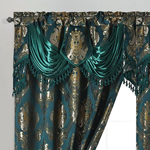 GOHD Luxe Love. Jacquard Window Curtain Panel Drape with Attached Fancy Valance. 2pcs Set. (Hunter Green, 54 Wide x 84 Drop with 18 Valance x 2pcs)