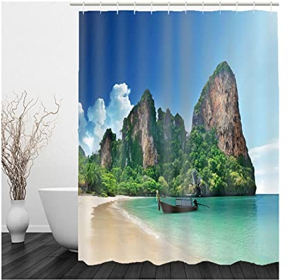 Banemi Bath Curtain Pattern, Art Duschvorhang Blau Grün Braun Berg Am Meer Polyestergewebe 120X180cm für Eck Dusche mit 12 Duschvorhangringen