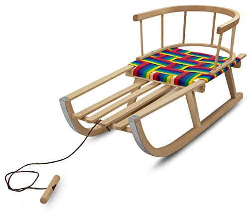 Prime Garden® PINNO COMODO Premium Holzschlitten Schlitten Kinderschlitten Rodelschlitten mit Rückenlehne Zugseil Holzgriff