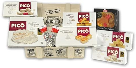 Lote de Turrones de la Marca Picó - Caja de Madera Navicaja Benjamin - Surtido de turrones y peladillas - Casi 2kg