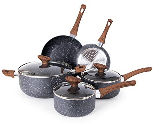 Non Stick Pots and Pans Set – Induction Hob Pot Set – 8pcs Kitchen Cookware with Lids – Cooking Marble Saucepan Pots and Frying Pans – by Nuovva